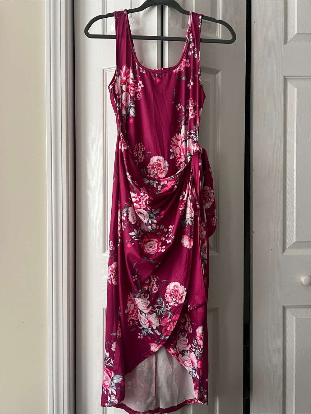 SHEIN Wine Floral High-Low Wrap Sleeveless Dress